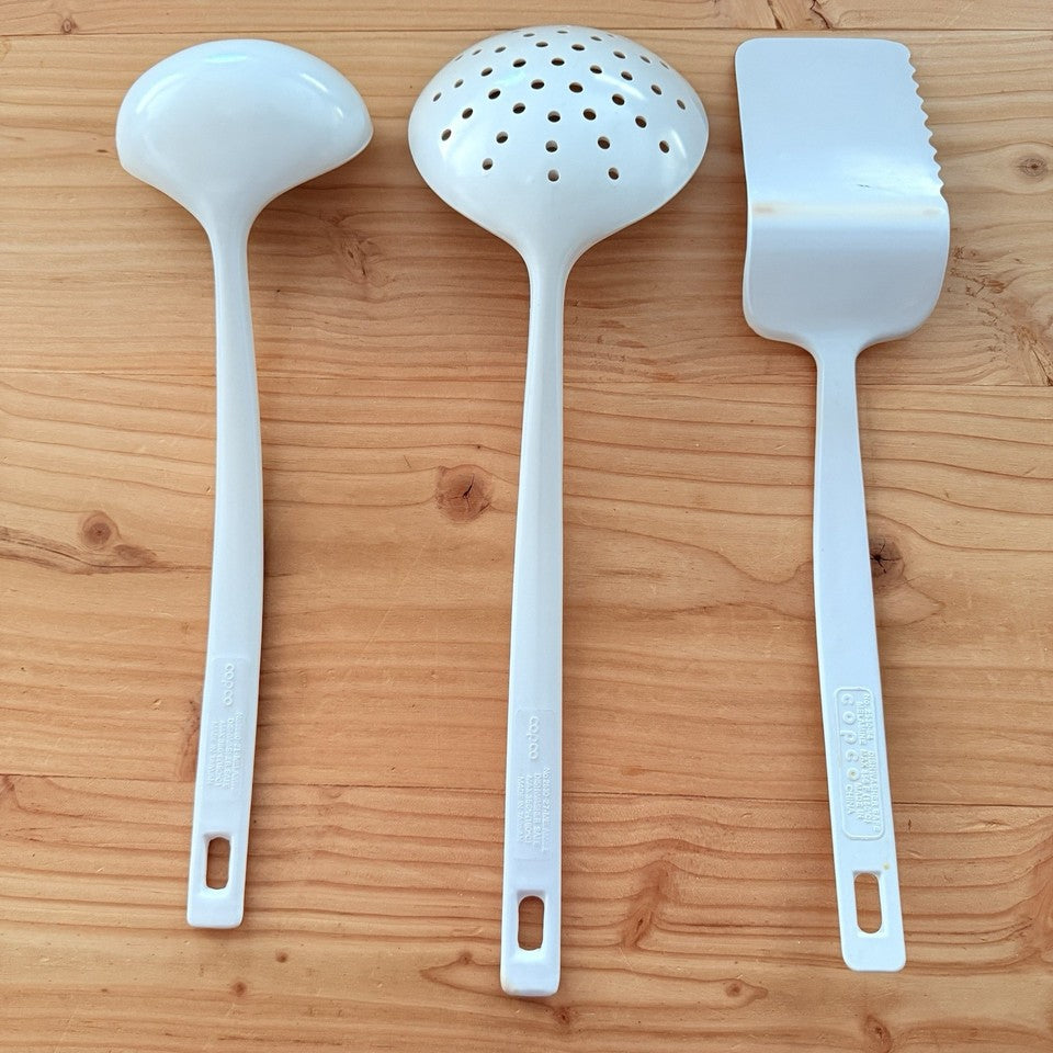 Vintage Copco Melamine Kitchen Utensil Set Ladle Slotted Spoon Turner White